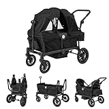 GOPLUS Geschwisterwagen, Zwillingskinderwagen mit 2 Sitzen, Geländereifen, Faltbares Sonnendach, Verstellbarer Griff, Zwillingsbuggy faltbar mit Sicherheitsgurt, Kinderwagen ab 6 Monate (Schwarz)