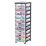 Iris Ohyama Kunststoff-Schubladenbox mit Rollen, 10 flachen Schubladen, Schwarz, Griffe zum Ziehen, Für Schlafzimmer, Schule & Büro, BPA-frei, Schubladenschrank, Rollcontainer, A4 Drawer, DDDC-010