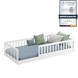 CADANI Timi Kinderbett 90x200 cm Bodenbett, Rausfallschutz abnehmbar, bis 200 kg belastbar, Roll-Lattenrost, Montessori Kiefer Massivholz Bett, 3 Aufbauvarianten, Umbaubar, Weiß