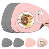 Farerkass Platzsets Abwaschbar Leder, 4 Tischsets Leder und 4 Untersetzer, Tischsets Abwaschbar Rund, Doppelseitigen rutschfest Platzdeckchen Kunstleder Tischset, für Hause Küche, Grau Rosa Satz von 4