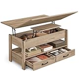 VASAGLE Couchtisch, höhenverstellbarer Wohnzimmertisch, Gaszylinder, 2 Schubladen und 3 versteckte Fächer, Kaffeetisch, 1 offenes Fach, für Wohnzimmer, Homeoffice, Kamelbraun LCT254L01