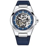 DAOLVEN BY5207 Herren Skelett Automatikuhren Mode Sport Selbstaufzug Armbanduhr Lederband 50M Wasserdicht Hohl Mechanische Armbanduhr, blau