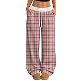 Karierte Hosen Damen Elegant Jogginghose Damen Baggy Palazzo Hose Lang Weites Bein Freizeithose Mit Kordelzug Fitness Sweatpants Locker High Waist Stoffhose Mit Taschen Sweathose