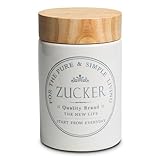 KHG Zuckerdose Keramik Steingut Weiß Holzdeckel Bambus, Vorratsdose Zucker für ca. 1 kg feinen Zucker, Zucker-Aufbewahrung rund, Oberfläche glänzend glasiert Emaille, luftdicht, beschriftet