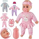 LINFUN KIDS Babypuppe mit Funktionen Weichkörperpuppe mit Schlafaugen und Schnuller Flasche Puppenzubehör mit 3 Kleidung Outfits Puppen Spielzeug Rollenspiel Geschenk für Jungen Mädchen ab 3 4 5 Jahre