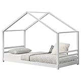 [en.casa] Kinderbett Vardø Hausbett im Montessori Stil Bettenhaus Spielbett mit Lattenrost Jugendbett aus massiver Kiefer Bettgestell 90x200cm Weiß