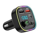 Amztour FM Transmitter Auto Bluetooth 5.0 KFZ Bluetooth Adapter Auto Freisprecheinrichtung Autoladegerät Zigarettenanzünder Type-C et 2 USBA(QC 3.0+PD 30W) LED-Licht Freisprechen Car Musik-Player