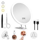 JJhxr 20X Vergrößerungsspiegel mit Licht,15.24 cm großer Makeup Vergrößerungsspiegel, 3 Farben Dimmbarer Makeup Spiegel mit 360° Tischständer, Tragbarer LED Vergrößerungsspiegel mit 3 Saugnäpfen