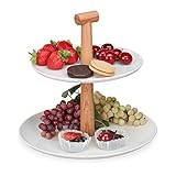 Relaxdays Etagere, 2 Etagen, Kunststoff & Holz, runder Servierständer, HxD 24x25 cm, Cupcake Ständer, modern, weiß/natur