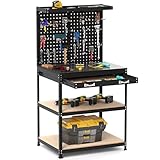 FANTASK Werktisch Werkzeugbank, 225 kg Tragkraft Arbeitstisch mit regalen & 20 Hängehaken & Lochwand & Schubladen, Werkbank für Garage, Werkstatt & Haus, 81x41x156 cm (Schwarz)