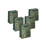 Sigel GT119/5 mittelgroße Premium Geschenktüten aus Papier, 5er Set, gold/grün, mit Seidenbandgriffen, 18 x 23 x 10 cm, Golden ornaments on green, Papier-Geschenktaschen Weihnachten
