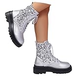MEECHI Damen Gothic Stiefeletten Glänzend Schnürstiefel Mit Pailletten PU-Leder Biker Booties Plateau Punk Boots Bequeme Keilabsatz Knöchel Schuhe Für Outdoor, Party(43 EU)