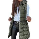 Lange Pufferweste für Damen, einfarbig, ärmellos, Reißverschluss, warm, bauschig, mit Kapuze und Taschen, armee-grün, L