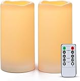AMAGIC 7,6 cm x 15 cm Outdoor Wasserdicht Flammenlose Kerzen, Batteriebetriebene LED Stumpenkerzen mit Fernbedienung und Timer, Elfenbein, Kunststoff, 2er-Set