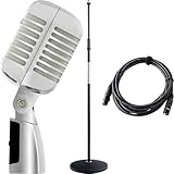 Pronomic DM-66S Dynamisches Mikrofon Set - Vocal-Mikrofon für Sprache und Gesang - Klassisches Vintage Rockabilly Design - Sparset inklusive Mikrofonstativ und XLR-Kabel - Silber/Weiß