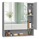 VASAGLE Kailyn Kollektion - Badezimmerschrank mit 3 Türen, Spiegelschrank, Badschrank, offenes Fach, verstellbare Ablagen, 16,5 x 70 x 75 cm, Taubengrau BBK129G01