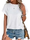 Cuptacc Tshirt Damen Bluse Damen Sommer Elegant Lochstickerei Top Kurzarm Oberteil Lässige Tunika Weiß XL 46-48