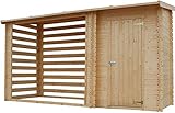 TIMBELA M205 Holz-Geräteschuppen 344x146x199 cm – Gartenhaus mit Brennholzregal, wasserfestem Dach, 3.64 m²
