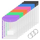 Ordner-Trennblätter mit Taschen, 11 Löcher, erweiterbare Kunststoff-Ordner für 2/3/4-Ring-Dokumententasche mit Druckknopf und Etikett, lose Blätter, transparent, für Schule, Zuhause, Büro (12 Stück
