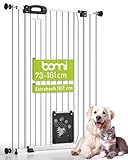 BOMI Tierschutzgitter Merle| Treppenschutzgitter ohne Bohren| Ideal als Absperrgitter Hund, Katzengitter Tür & Welpenzaun | Extra Enge Stäbe | Hundegitter Wohnung weiß Metall | Breite: 73-83 cm