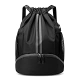 GAOHUI Turnbeutel Wasserdicht, Sporttasche Kinder Schwimmtasche, Groß Kapazität Sportbeutel Rucksack mit Schuhfach für Schule Sport Schwimmen Fitnessstudio Reisen Fußballtasche (Schwarz)