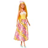 Barbie Royal-Puppe mit fantasievollem Haar mit farbenfrohen Strähnchen, bunten Accessoires, Oberteil in Gelb mit Farbverlauf und Rock mit Schmetterlingsmuster, HRR09