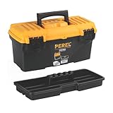 Perel Werkzeugkoffer Kunststoff, Werkzeugkasten leer, Werkzeugbox, Werkzeug Organizer Box, Tool Box, 2 Kunststoff-Verschlüsse, schwarz/orange, 410 x 209 x 195 mm