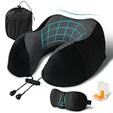 FANHOMAS Nackenkissen Flugzeug, Reisekissen Memory Foam, U-förmiges Travel Neck Pillow Nackenhörnchen Erwachsene mit Schlafmaske und Ohrstöpsel Mitbringen für Flugzeug Auto Büro - Grau (Schwarz)
