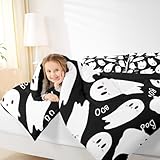 Bettwäsche-Set mit Cartoon-Halloween-Geistermotiv, Queen-Size-Größe, superweiche Mikrofaser, Bettwäsche-Set für Erwachsene und Herren, schwarz-weiß, dekoratives Bettdecken-Set, 3-teilig
