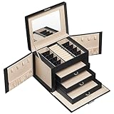 SONGMICS Schmuckkästchen 4 Ebenen, Schmuckkasten mit Griff, 3 Schubladen, Schmuckschatulle mit Spiegel, Schloss, Schmuckaufbewahrung, Bezug in Tintenschwarz, Innenfutter in Sandbeige JBC159B01
