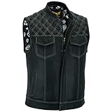 Leatherick Groove Club Herren-Motorradweste aus schwarzem Leder – Bikerweste (DE/NL/SE/PL, Numerisch, 54, Regular, Regular, Schwarz (weiße Rautennaht))