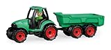 Lena Truckies Traktor mit Anhänger 38 cm, grün, Robustes Sandkasten Spielzeug mit abnehmbaren Anhänger, klappbare, Fahrerhaus, Kippmulde & Spielfigur, für Kinder ab 2 Jahren,