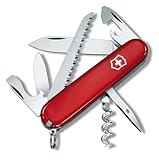 Victorinox Schweizer Taschenmesser, Camper, Swiss Army Knife, Multitool, 13 Funktionen, Klinge, Korkenzieher, Dosenöffner, Rot, Blister