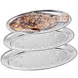 Behogan 3 Stück Servierplatte, 30CM+35CM+40CM Edelstahlplatte Stahltablett, Silbern Ovale Serviertabletts Servierteller für Kellnertablett, Wurst, Käse, Party, Schlemmerplatte, Kaffeetablett