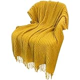 Lbvzxkad Strickdecke für Couch, Bett und Sofa, Superweiche Decke mit Quasten, Gemütliche Heimdekoration, Langlebig, Gelb