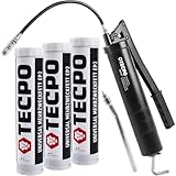 TECPO 3x Universal Mehrzweckfett EP2 400g Kartusche Schmierfett, Lithiumfett Universalfett, KFZ-Schmierung, wasserbeständig, KP2K-30 Lithium Fett + Einhandfettpresse mit Handhebel inkl. Panzerschlauch