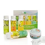 Sauna Set | KK Saunaaufgussset 4 x 100 ml + 50g Mentholkristalle | Saunakonzentrat + Menthol-Kristalle (Toskana, inkl. 50 g Menthol-Kristalle)