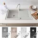 Faizee Möbel | Granitspüle 76x44 cm Weiß | Hochwertige Küchenspüle & Einbauspüle | Kratzfestes & hitzebeständiges Spülbecken aus Granit | Eckige Spüle für Unterschränke ab 45 cm | Inkl. Siphon-Set