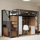 Merax Hochbett aus Metall, 90 x 200 cm, multifunktionales Hochbett für 1 Platz mit Schließfach und Aufbewahrungstreppe, Schwarz (ohne Matratze und Schreibtisch)