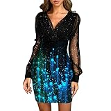 Cocktailkleid Damen Paillettenkleid Glänzend Abendkleider Sexy Fransen Langarm Glitzer Kleid Cocktailkleid Knielang Hochzeit Festlich Kleider Partykleider