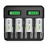 EBL Akku ladegerät inkl. 4X C 5000mAh für AA AAA C D NI-MH Akkus Type C Input Schnell ladegerät, LCD Anzeige Batterienladegerät