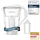 PearlCo Glas-Wasserfilter (weiß) Glaskanne mit 1 Classic Filterkartusche – Reduzierung von Kalk & Schwermetall – Schützt Geräte – Besserer Geschmack von Kaffee & Tee – Made in EU