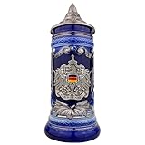 CRECONTINO Bierkrug mit Deckel und Metallmontur Germany Bierseidel Steinkrug Beer Stein Mug Geschenk für Vater Männer Geburtstag Souvenir Bierfest 0,7L (Blau)