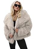 OZONEE Damen Kunstfell Jacke Winterjacke Kunstpelz Mantel Herbstjacke Herbstmantel Wärmemantel Wärmejacke Plüschjacke Plüsch Fleecemantel Plüschpullover JS/61M8515Z/92 GRAU-BEIGE L/XL