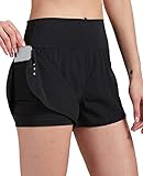 VIGVAN 2 in 1 Laufhose Damen Sport Shorts Sommer Kurze Hose Schnelltrocknend Fitness Yoga Shorts Gym Jogging Training Sporthose für Damen mit Taschen (BK, M)