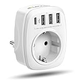 LENCENT USB Steckdose Mehrfachstecker EU Adapter 5-in-1 Steckdosenadapter mit 3 USB Ladegerät Anschlüße 2,4A, 1 Typ-C Port 3A, Wand Steckdose Schuko 4000W Stromadapter Stecker mit Kindersicherung Weiß