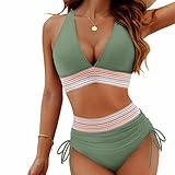 TBLMPNE Bikini Damen Set 2025 Neu Sexy Badeanzug Bademode Hohe Taille Farbblock Zweiteiliger Kordelzug Badeanzüge Bikinis Swimsuit (DE/NL/SE/PL, Alphanumerisch, M, Regular, Regular, Grün)