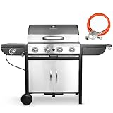 4+1 Brenner Gasgrill aus Edelstahl, Master mit Seitenkochfeld,BBQ Grillwagen Gas mit 2 pcs Rad,Hochleistungsbrenner, Impulszünd, mit Thermometer,Große Grillfläche,Grillküche, 4*/2.93KW + 2.33KW