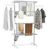 HOMCOM Wäscheständer mit Rollen Wäschetrockner Turm, Standtrockner mit Klappbarem Flügel, Wäscheturm für Indoor, Outdoor, Stahl 142 x 55 x 172 cm, Weiß