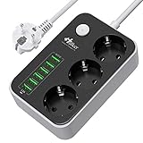 Mehrfachsteckdose HULKER Steckdosenadapter 3 Fach/Steckdosen 6 USB -Anschlüsse, Steckdosenleiste mit überspannungsschutz, 1.6 m Verlängerungskabel Universalsteckdose